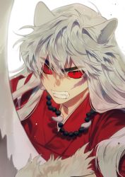 Rule 34 | 1boy, animal ears, beads, black eyes, clenched teeth, colored sclera, dog ears, fangs, highres, inuyasha, inuyasha (character), long hair, looking away, male focus, mgmg 1012, red sclera, shaded face, simple background, solo, teeth, tetsusaiga, upper body, white background