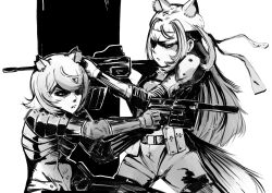 Rule 34 | 2girls, aiming, ammunition pouch, animal ears, assault rifle, body armor, commentary, dog ears, dog girl, dog tail, english commentary, fuwawa abyssgard, greyscale, gun, headband, highres, holding, holding gun, holding weapon, hololive, hololive english, long hair, metal gear (series), mococo abyssgard, monochrome, multiple girls, oame, parody, pouch, rifle, shinkawa youji (style), siblings, sisters, tail, twins, virtual youtuber, weapon