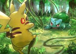 Rule 34 | bright pupils, brown eyes, bulbasaur, claws, commentary request, creatures (company), day, electricity, forest, game freak, gen 1 pokemon, grass, kotobukkii (yt lvlv), nature, nintendo, no humans, open mouth, outdoors, pikachu, plant, pokemon, pokemon (creature), tongue, tree, vines
