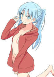 Rule 34 | 1girl, barefoot, blue eyes, blue hair, breasts, character request, closed mouth, commentary request, feet, groin, hyakuen raitaa, long hair, looking at viewer, navel, simple background, small breasts, smile, solo, twintails, white background