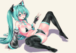 Rule 34 | 1girl, animal ears, aqua eyes, aqua hair, aqua necktie, arm support, between buttocks, bikini, black bikini, black gloves, blush, breasts, cat ears, cleavage, clothing cutout, covered erect nipples, detached collar, detached sleeves, erect clitoris, fake animal ears, fingerless gloves, front-tie bikini top, front-tie top, full body, gloves, hair intakes, hand up, hatsune miku, juliet sleeves, knees up, leaning back, long hair, long sleeves, looking at viewer, necktie, no shoes, nose blush, open mouth, plantar flexion, puffy sleeves, reclining, see-through, shadow, shiny clothes, shiny skin, short necktie, shungikuten, simple background, sitting, solo, spread legs, string bikini, swimsuit, thighhighs, twintails, v, very long hair, vocaloid