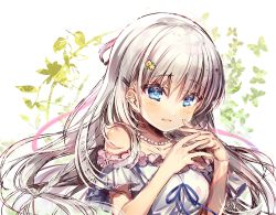 Rule 34 | 1girl, blue eyes, blue ribbon, blush, chi no, collarbone, dress, floating hair, flower, hair between eyes, hair flower, hair ornament, hair ribbon, hairclip, jewelry, long hair, naruse shiroha, necklace, off-shoulder dress, off shoulder, open mouth, pink ribbon, ribbon, shiny skin, short sleeves, silver hair, sketch, solo, summer pockets, upper body, very long hair, white background, white dress, yellow flower
