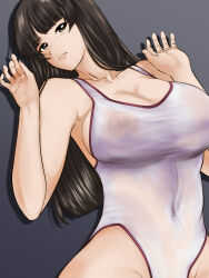 Rule 34 | 1girl, black hair, blunt bangs, breasts, covered erect nipples, girls und panzer, grey background, highres, large areolae, large breasts, long hair, mature female, nipples, nishizumi shiho, one-piece swimsuit, paid reward available, simple background, swimsuit, white one-piece swimsuit, yoyokkun