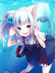 Rule 34 | 1girl, :d, amagasa nadame, animal ears, bag, blue dress, blue eyes, blue hair, blush, cat ears, claw pose, collarbone, commentary request, cube hair ornament, day, dress, feet out of frame, fins, fish tail, gawr gura, gawr gura (casual), hair ornament, hands up, highres, hololive, hololive english, looking at viewer, multicolored hair, open mouth, outdoors, shark tail, sharp teeth, shirt, shoulder bag, side ponytail, sleeveless, sleeveless dress, smile, solo, streaked hair, tail, teeth, underwater, virtual youtuber, water, white shirt