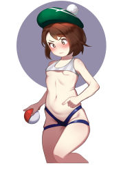 Rule 34 | 1girl, absurdres, bare arms, bare legs, bare shoulders, blue shorts, blush, bob cut, breasts, brown eyes, brown hair, closed mouth, commentary request, creatures (company), embarrassed, frown, game freak, gloria (pokemon), green hat, hat, highres, holding, looking down, matdoljangin, navel, nintendo, poke ball, poke ball (basic), pokemon, pokemon swsh, shirt, short hair, short shorts, shorts, simple background, small breasts, solo, striped clothes, striped shirt, tam o&#039; shanter, two-tone background, underboob, v-shaped eyebrows, white shorts