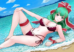 Rule 34 | 1girl, alternate hairstyle, arm support, beach, bikini, blue sky, blunt bangs, breasts, cleavage, cloud, commentary request, cowboy shot, day, dutch angle, fish skeleton, frilled bikini, frilled garter, frilled ribbon, frills, green eyes, green hair, hair ribbon, hand on own knee, in water, kagiyama hina, knee up, large breasts, legs, looking at viewer, mountainous horizon, navel, red bikini, ribbon, sai-go, sand, side-tie bikini bottom, sky, smile, solo, swimsuit, touhou, waves