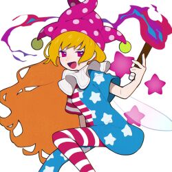 Rule 34 | 1girl, :d, american flag dress, american flag legwear, blonde hair, blue dress, blue pantyhose, clownpiece, dress, fairy wings, feet out of frame, hand up, hat, highres, holding, holding torch, jester cap, long hair, looking at viewer, multicolored clothes, multicolored dress, multicolored pantyhose, neck ruff, open mouth, pantyhose, pekaso1118n, pink hat, polka dot, polka dot headwear, purple dress, purple eyes, purple pantyhose, short sleeves, simple background, smile, solo, star (symbol), star print, striped clothes, striped dress, striped pantyhose, torch, touhou, very long hair, white background, white dress, wings