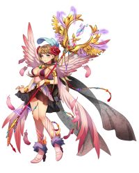 Rule 34 | 1girl, aqua eyes, armlet, boots, bracelet, brown hair, dress, feathers, flower, full body, hair flower, hair ornament, high heels, highres, holding, holding staff, jewelry, long hair, official art, olivier (royal flush heroes), royal flush heroes, solo, staff, transparent background, wings