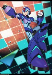 Rule 34 | 1boy, android, arm cannon, artist name, bad id, bad pixiv id, black border, border, clenched hand, dated, gloves, green eyes, grid background, helmet, highres, leg up, letterboxed, male focus, mega man (series), mega man x (series), multiple boys, open mouth, outstretched arm, solo, souma kira, weapon, white gloves, x (mega man)
