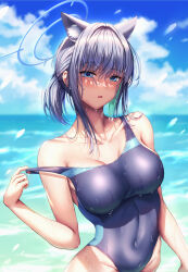 Rule 34 | 1girl, animal ear fluff, animal ears, black one-piece swimsuit, blue archive, blue eyes, blue sky, breasts, clothes pull, cloud, competition swimsuit, covered navel, cross hair ornament, day, extra ears, grey hair, hair ornament, halo, highres, horizon, kimchi (user mpzz8457), large breasts, low ponytail, medium hair, mismatched pupils, multicolored clothes, multicolored swimsuit, ocean, one-piece swimsuit, one-piece swimsuit pull, outdoors, shiroko (blue archive), shiroko (swimsuit) (blue archive), sky, solo, swimsuit, wet