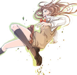 Rule 34 | 1girl, :d, bow, bowtie, brown eyes, brown hair, kurosawa tomo, leaf, long hair, open mouth, original, school uniform, shoes, simple background, skirt, smile, socks, solo, white background, wind