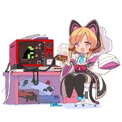 Rule 34 | 1girl, black skirt, black thighhighs, blue archive, blue footwear, bow, box, chair, chibi, commentary, controller, desk, famicom, game console, game controller, gaming chair, hair bow, headphones, highres, momoi (blue archive), mota, open mouth, orange hair, pink eyes, red bow, shirt, sitting, skirt, slippers, solo, suspender skirt, suspenders, swivel chair, tail, television, thighhighs, virtual boy, white background, white shirt