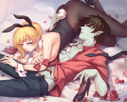 Rule 34 | 1boy, 1girl, adventure time, ass, black hair, blonde hair, blue skin, breasts, cleavage, colored skin, fionna the human girl, high heels, highres, marshall lee, playboy bunny, vampire