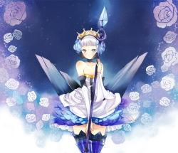 Rule 34 | 1girl, armor, armored dress, crown, dress, grey eyes, gwendolyn (odin sphere), manami (artist), odin sphere, polearm, silver hair, solo, spear, strapless, strapless dress, sugano manami, thighhighs, weapon