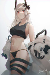 Rule 34 | 1girl, absurdres, arknights, armpits, bare shoulders, black gloves, black panties, black tank top, blush, bodysuit, breasts, collarbone, commentary request, cowboy shot, crop top, gloves, groin, hair between eyes, highres, horns, large breasts, long hair, looking at viewer, midriff, mudrock (arknights), mudrock (elite ii) (arknights), navel, off shoulder, panties, parted lips, partial commentary, pointy ears, red eyes, sidelocks, signature, silver hair, simple background, solo, standing, sweat, tank top, underwear, vegetablenabe, white background, white bodysuit