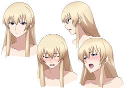 Rule 34 | 1girl, absurdres, blonde hair, blush, character sheet, closed mouth, collarbone, commentary, completely nude, expressions, frown, hall onon, highres, long bangs, looking at viewer, looking to the side, nude, open mouth, original, purple eyes, saria (hall onon), sidelocks, split mouth, teeth, upper teeth only
