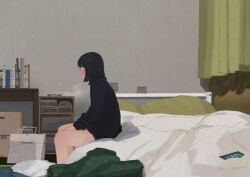 Rule 34 | 1girl, ashtray, ayanoayu, bag, bed, black hair, black shirt, book, cellphone, closed eyes, commentary request, curtains, indoors, long sleeves, on bed, original, phone, shirt, shopping bag, short hair, sitting, smartphone, smoke, solo
