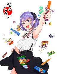 Rule 34 | 10s, 1girl, armpits, blue eyes, breasts, candy, copyright name, dagashi kashi, deca purio, flower, food, hair flower, hair ornament, hairband, highres, large breasts, looking at viewer, nail polish, no legwear, open mouth, purple hair, ramune, shidare hotaru, short hair, simple background, sleeveless, smile, solo, tupet, umaibou, white background