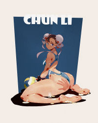 Rule 34 | 1girl, ass, back, back cutout, ball, black hair, blue eyes, blue one-piece swimsuit, bracelet, breasts, bun cover, capcom, character name, chun-li, clothing cutout, commentary request, competition swimsuit, curvy, double bun, earrings, full body, hair bun, highleg, highleg swimsuit, huge ass, ice (ice factory), jewelry, long legs, medium breasts, one-piece swimsuit, shiny skin, short hair, sitting, slap mark, soles, solo, spanked, spiked bracelet, spikes, street fighter, suggestive fluid, swimsuit, tears, thick thighs, thighs, toes, v arms, volleyball, volleyball (object), wariza