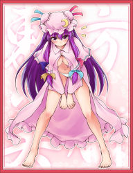 Rule 34 | 1girl, :&lt;, ^^^, barefoot, bent over, border, braid, breasts, crescent, crescent hat ornament, fechirin, feet, female focus, hat, hat ornament, large breasts, long hair, open clothes, open shirt, panties, patchouli knowledge, purple eyes, purple hair, red border, shirt, solo, staring, touhou, underwear, white panties
