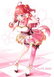 Rule 34 | 1girl, absurdres, ahoge, armpits, blush, breasts, character name, cherry blossom print, cleavage, floral print, full body, gloves, green eyes, hair ornament, hairclip, highres, holding, holding microphone, hololive, idol clothes, long hair, looking at viewer, microphone, nyan (reinyan 007), official alternate costume, open mouth, pink hair, pink thighhighs, pinky out, sakura miko, signature, single thighhigh, solo, thighhighs, virtual youtuber, w, white footwear, white gloves, x hair ornament