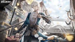 Rule 34 | accessories, alternate costume, architecture, artist request, banner, barrel, belt, bird, birthday, bridge, chinese clothes, cloud, cloudy sky, earrings, east asian architecture, happy birthday, highres, holding, holding suitcase, jacket, jewelry, leaf, light smile, long hair, low ponytail, mole, official alternate costume, official art, open clothes, open jacket, ponytail, punishing: gray raven, railing, single earring, sky, stairs, suitcase, sunglasses, talisman, tassel, tassel earrings, wanshi (punishing: gray raven), white hair, yellow eyes