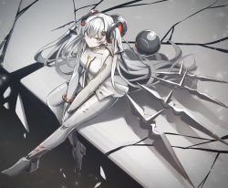 Rule 34 | 04 (nb04 0 0), 1girl, bodysuit, bracelet, closed mouth, floating, floating hair ornament, floating object, floating weapon, grey bodysuit, grey hair, highres, jewelry, long hair, luna (punishing: gray raven), mechanical legs, orange eyes, orb, punishing: gray raven, sitting, twintails