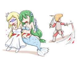 Rule 34 | 1boy, 2girls, armor, armored boots, bad id, bad pixiv id, bare shoulders, blonde hair, blood, blood from mouth, blue eyes, blush, boots, bound, bound arms, breasts, cleavage, closed eyes, closed mouth, collarbone, comic, crown, detached sleeves, dress, dual wielding, fins, gauntlets, green hair, greenteaneko, groin, hair between eyes, head fins, highres, holding, holding knife, holding sword, holding weapon, jewelry, knife, large breasts, light brown hair, long hair, long sleeves, medium breasts, mermaid, mini crown, monster girl, multiple girls, navel, necklace, original, pantyhose, pearl necklace, pendant, scales, silent comic, slashing, sparkle, spoken object, strapless, strapless dress, sweat, sword, tied up (nonsexual), turn pale, v-shaped eyebrows, very long hair, weapon, white background, white dress, white legwear, | |