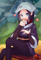 Rule 34 | 1girl, akari (pokemon), bench, blue eyes, blush, brown shirt, commentary request, creatures (company), eating, eyelashes, game freak, grey headwear, hands up, head scarf, highres, holding, jacket, long hair, looking at viewer, nintendo, pantyhose, poke ball, poke ball (legends), pokemon, pokemon legends: arceus, purple hair, purple jacket, purple skirt, sash, shirt, sidelocks, sitting, skirt, solo, the makemake