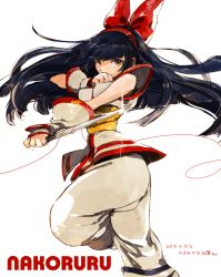 Rule 34 | 1girl, ainu clothes, black hair, bow, breasts, brown eyes, character name, dagger, ekubo (ciaobero), fighting stance, fingerless gloves, gloves, hair bow, hairband, knife, long hair, nakoruru, red bow, reverse grip, samurai spirits, simple background, solo, string, string of fate, weapon