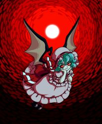 Rule 34 | 1girl, bat wings, blue hair, flying, hands on own cheeks, hands on own face, hat, hat ribbon, looking at viewer, mob cap, moon, pale skin, peachems (gemu), red background, red eyes, red sky, remilia scarlet, ribbon, sash, sky, slit pupils, smile, solo, spread wings, touhou, wavy hair, wings, wrist cuffs