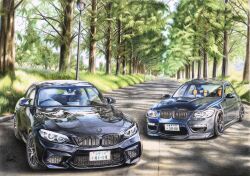 Rule 34 | absurdres, bmw, bmw 3 series, bmw m2, bmw m3, bonbon20170916, car, colored pencil (medium), highres, license plate, motor vehicle, no humans, original, outdoors, scenery, shadow, sky, sports car, traditional media, tree, vehicle focus