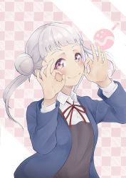 Rule 34 | 1girl, absurdres, arashi chisato, artist name, artist request, blue cardigan, blue jacket, blush, bow, bowtie, breasts, buttons, cardigan, checkered background, close-up, collared shirt, cropped jacket, double bun, double ok sign, dress, dress shirt, female focus, grey shirt, hair bun, hair tie, highres, jacket, long hair, long sleeves, looking at viewer, love live!, love live! superstar!!, neck ribbon, ok sign, parted lips, pink background, red bow, red eyes, red ribbon, ribbon, school uniform, shirt, small breasts, smile, solo, twintails, upper body, white hair, white shirt, wing collar, yuigaoka school uniform