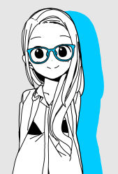 Rule 34 | 1girl, alternate hairstyle, aqua theme, arms behind back, bespectacled, blue-framed eyewear, blue theme, blush, closed mouth, collarbone, collared shirt, commentary request, dot nose, drop shadow, glasses, grey background, hair down, highres, hitoribocchi no marumaru seikatsu, jacket, katsuwo (cr66g), long hair, looking at viewer, open clothes, open jacket, partially colored, shirt, smile, solo, sotoka rakita, split mouth, standing