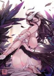 Rule 34 | 1girl, albedo (overlord), arms behind back, artist logo, ass, bare shoulders, barefoot, black feathers, black hair, bound, bound arms, bound wrists, breasts, demon girl, demon horns, demon wings, dress, feathered wings, feathers, gloves, highres, horns, large breasts, long hair, looking at viewer, low wings, nekomimipunks, nipples, overlord (maruyama), parted lips, revealing clothes, sideboob, soles, solo, white dress, white gloves, wings, yellow eyes