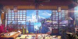 Rule 34 | absurdres, architecture, bird, blue sky, boat, book, bottle, building, camera, castle, ceiling fan, city, cityscape, cloud, commentary, day, east asian architecture, english commentary, flower, flower pot, highres, horizon, house, interior, japan, lamp, landscape, light rays, magazine (object), no humans, ocean, original, paint, paintbrush, painting (object), palette (object), photoshop (medium), plant, potted plant, power lines, railing, room, sailboat, sky, sliding doors, slippers, stool, sunbeam, sunlight, table, taegong92, tatami, tree, umbrella, umbrella stand, watercraft, wind turbine, windmill, window