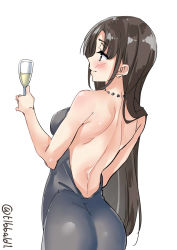 Rule 34 | 1girl, alternate costume, ass, backless dress, backless outfit, bare arms, bare back, bare shoulders, black dress, black eyes, black hair, blush, breasts, closed mouth, cowboy shot, cup, dress, drinking glass, ebifurya, formal, from behind, highres, hiyou (kancolle), holding, jewelry, kantai collection, long hair, medium breasts, necklace, profile, simple background, solo, twitter username, white background, wine glass