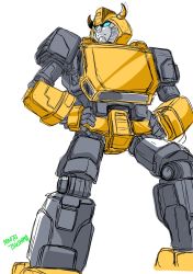 Rule 34 | 1boy, artist name, autobot, blue eyes, bumblebee, frown, hands on own hips, highres, horns, mecha, no humans, robot, science fiction, sketch, solo, standing, transformers, tsushima naoto