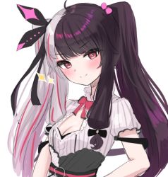 Rule 34 | &gt;:), 1girl, ahoge, black bow, black hair, black ribbon, bow, breasts, cleavage, closed mouth, dress, hair bobbles, hair bow, hair ornament, hair ribbon, kei-chan (ultimatekeichan), long hair, multicolored hair, nijisanji, puffy short sleeves, puffy sleeves, red bow, red hair, ribbon, short sleeves, silver hair, simple background, small breasts, smile, solo, sparkle, split-color hair, streaked hair, twintails, two-tone hair, v-shaped eyebrows, virtual youtuber, white background, white dress, yorumi rena, yorumi rena (1st costume)