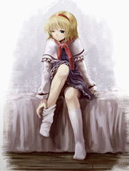 Rule 34 | 1girl, alice margatroid, arm support, bed, blonde hair, blue dress, blush, capelet, dress, feet, female focus, hyuuga azuri, indoors, kneehighs, necktie, no shoes, on bed, one eye closed, short hair, sitting, sock pull, socks, solo, straight hair, touhou, upskirt, wink