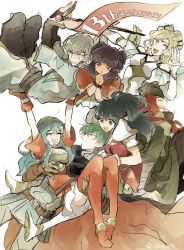 Rule 34 | 3boys, 4girls, anniversary, aqua eyes, aqua hair, armor, bandaged arm, bandages, belt, black hair, blouse, blue hair, boots, breastplate, cape, carrying, chiva (wonderworldwood), closed eyes, eirika (fire emblem), elbow gloves, ephraim (fire emblem), fire emblem, fire emblem: the sacred stones, gloves, green hair, grey eyes, grey hair, hat, innes (fire emblem), jacket, joshua (fire emblem), l&#039;arachel (fire emblem), lifting person, long hair, looking at another, multiple boys, multiple girls, myrrh (fire emblem), nintendo, open mouth, own hands together, pants, ponytail, princess carry, profile, purple hair, red eyes, red gloves, red hair, red legwear, shirt, short hair, sketch, skirt, smile, staff, sweatdrop, tana (fire emblem), thighhighs, twitter username, white gloves, yellow eyes