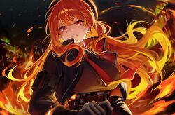 1girl absurdres black_gloves black_jacket black_shirt fire gloves goddess_of_victory:_nikke hair_between_eyes highres jacket long_hair long_sleeves looking_at_viewer multicolored_hair necktie orange_hair rapi_(nikke) red_eyes red_hair red_necktie shirt solcha solo teeth