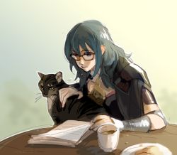 Rule 34 | 1girl, armlet, blue eyes, blue hair, byleth (female) (fire emblem), byleth (fire emblem), cape, cat, cup, fire emblem, fire emblem: three houses, glasses, gloves, gradient background, grey background, headpat, jewelry, long hair, medium hair, nintendo, paper, papers ev, simple background, table, whiskers