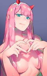 Rule 34 | 10s, 1girl, :q, aqua eyes, blush, breasts, breasts apart, convenient censoring, darling in the franxx, fiodo, hair censor, hair over breasts, hairband, heart, heart hands, highres, horns, licking lips, long hair, looking at viewer, medium breasts, nude, pink hair, purple background, shiny skin, simple background, smile, solo, tongue, tongue out, upper body, wet, zero two (darling in the franxx)