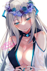 Rule 34 | 1girl, bare shoulders, blue eyes, blue lips, blue nails, blush, breasts, cleavage, collarbone, commentary request, fate/grand order, fate (series), grey hair, head tilt, head wreath, highres, large breasts, lipstick, long hair, makeup, morgan le fay (fate), nail polish, signature, solo, togashi (choco-bakama kitchen), twitter username, upper body
