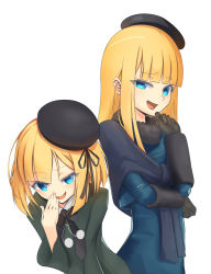 Rule 34 | 1girl, aged down, black gloves, black headwear, blonde hair, blue eyes, blush, commentary request, fate/grand order, fate (series), fur collar, gloves, hat, highres, long hair, long sleeves, looking at viewer, lord el-melloi ii case files, multiple views, oniku (pixiv 28205308), reines el-melloi archisorte, ribbon, short hair, simple background, smile, white background