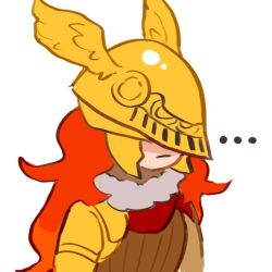 Rule 34 | ..., 1girl, armor, chibi, closed mouth, covered eyes, elden ring, helmet, keibleh, long hair, malenia blade of miquella, red hair, simple background, solo, spoken ellipsis, white background, winged helmet