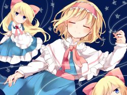 Rule 34 | 3girls, alice margatroid, apron, blonde hair, blue background, blue eyes, blush, bow, capelet, closed eyes, closed mouth, hair bow, hairband, hand up, karasusou nano, long hair, looking at viewer, multiple girls, red bow, shanghai doll, short hair, short sleeves, star (symbol), touhou, waist apron, white apron
