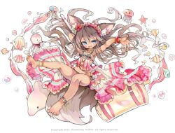 Rule 34 | 1girl, animal ear fluff, animal ears, anklet, armlet, bisclavret, blue eyes, blush, brown hair, copyright notice, fish, hammer, holding, holding hammer, jellyfish, jewelry, kai-ri-sei million arthur, long hair, million arthur (series), octopus, official art, open mouth, outstretched arm, simple background, solo, somjeu, starfish, swimsuit, tail, white background, wolf ears, wolf girl, wolf tail