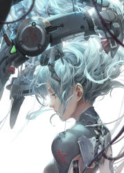 Rule 34 | 1girl, aqua eyes, aqua hair, aqua theme, arms at sides, baraba baba, blurry, breasts, cable, closed mouth, clothes writing, cyborg, depth of field, eyelashes, floating hair, from side, glowing, headgear, highres, light particles, mecha musume, medium breasts, original, profile, sad, science fiction, simple background, solo, subdermal port, upper body, white background